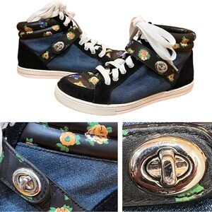 Coach Denim Floral Suede Sneakers Blue Black High Top Booties Pembroke Clasp